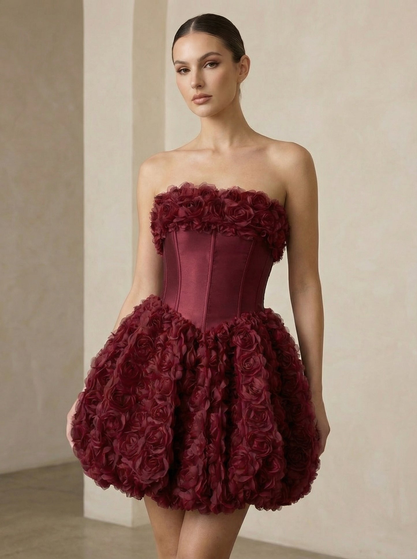 Elegantna burgundi balon haljina sa korsetom i 3D cvetovima