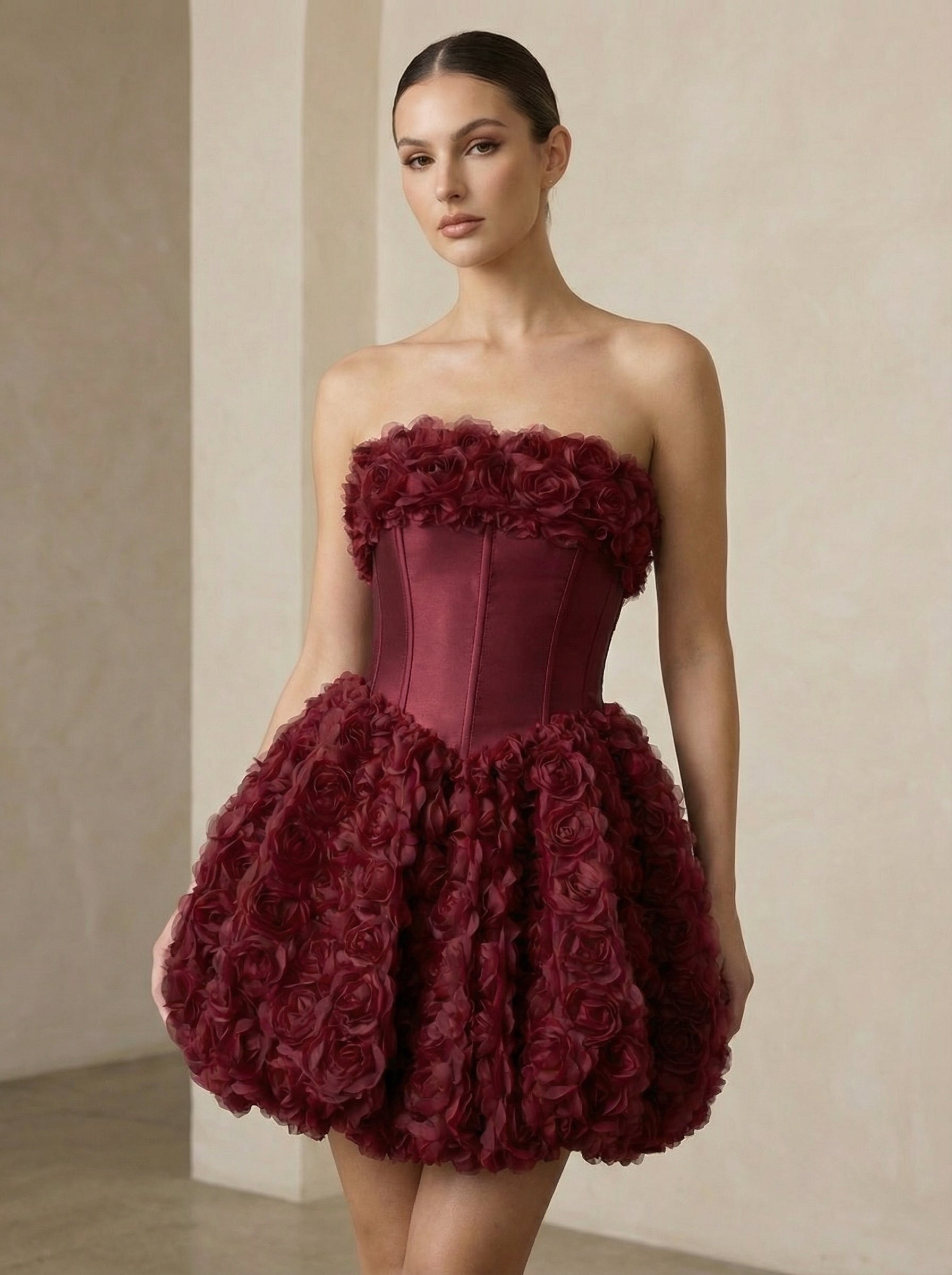 Elegantna burgundi balon haljina sa korsetom i 3D cvetovima